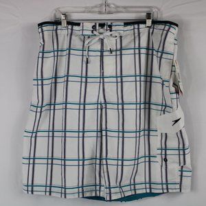 NEW Speedo Watershorts Swim Cargo Trunks White Navy Plaid Mesh Lined